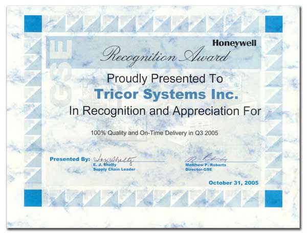 Honeywell Award - 100% Quality and On-Time Delivery